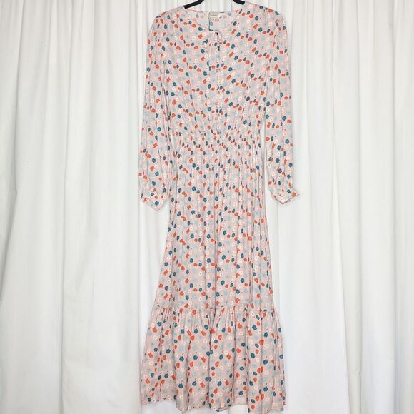 Tucker NYC Juliette Dress Blush Mint Poppies Micro in Viscose Crepe Floral Midi - Picture 3 of 10